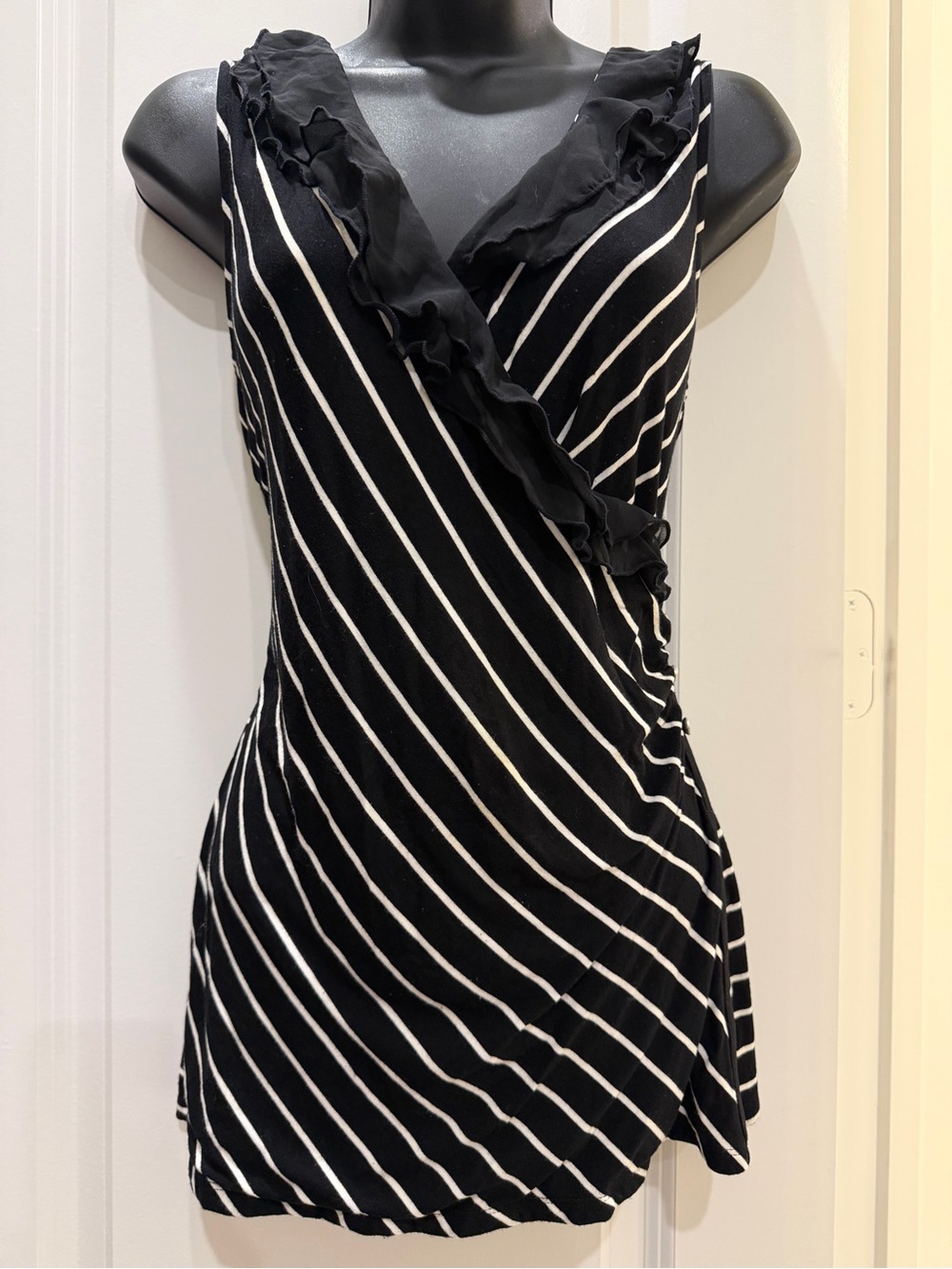 White House Black Market Striped Ruffle Tank Top Black White Size M